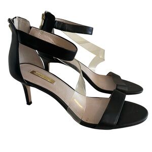 Louise et Cie Black Leather Open Toe Stiletto Heel Sandal Clear Strap Detail 8.5